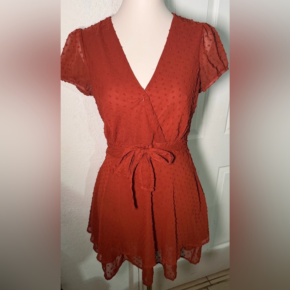 Honey and Rosie Rust Polka Dot Chiffon Romper Puff Short Sleeve Size S